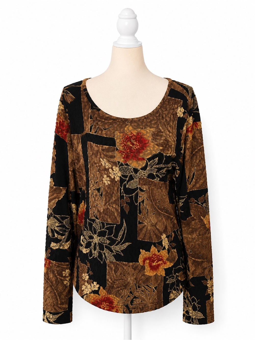 Vintage Chico’s Design Patchwork Floral Top Artsy Boho Long Sleeve Size 2 Large